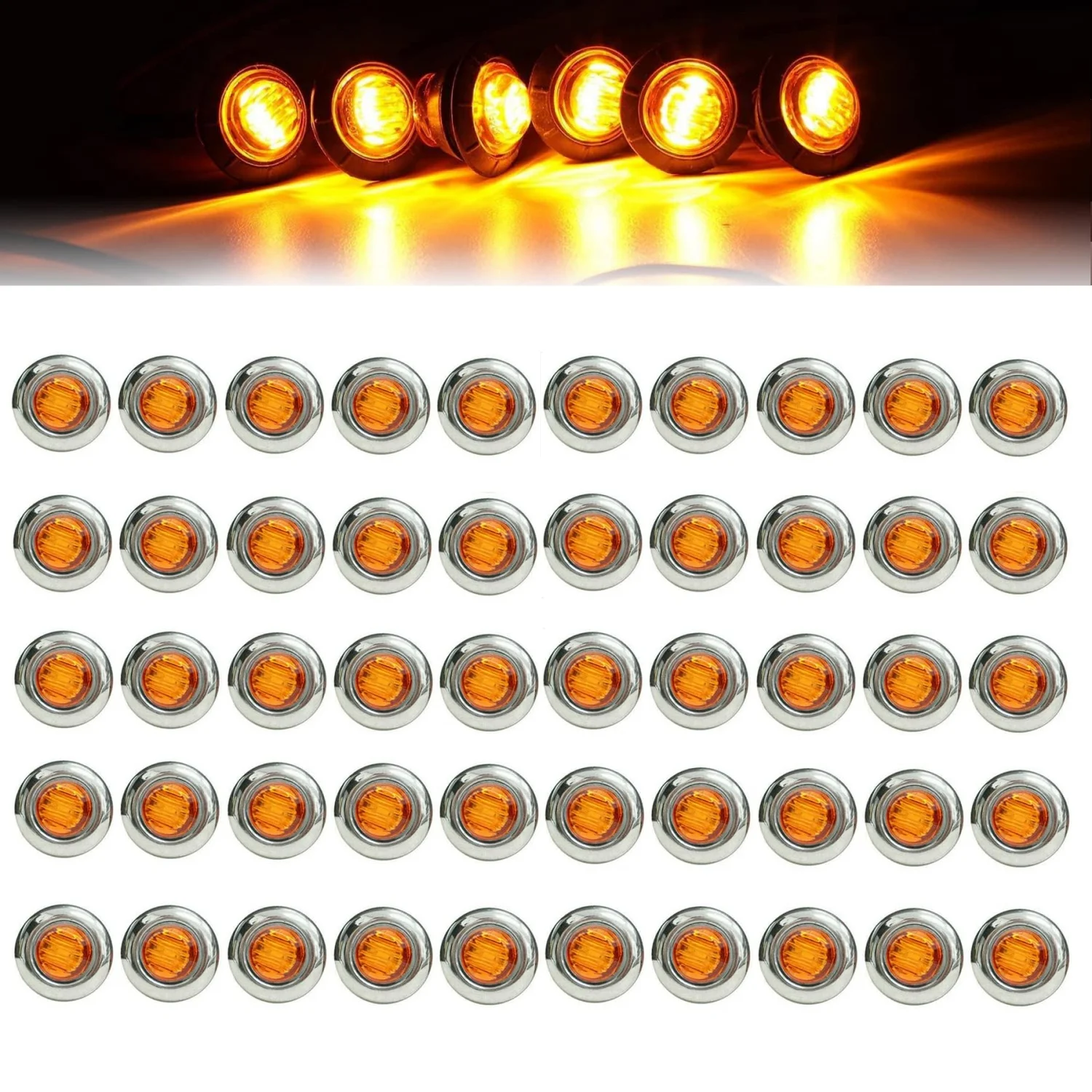 Fuleem 50PCS 3/4 Inch Amber Round Mini 3 LED Side Marker Lights with Stainless Chrome Bezel Sealed ForTruck Lorry Boat 12V DC