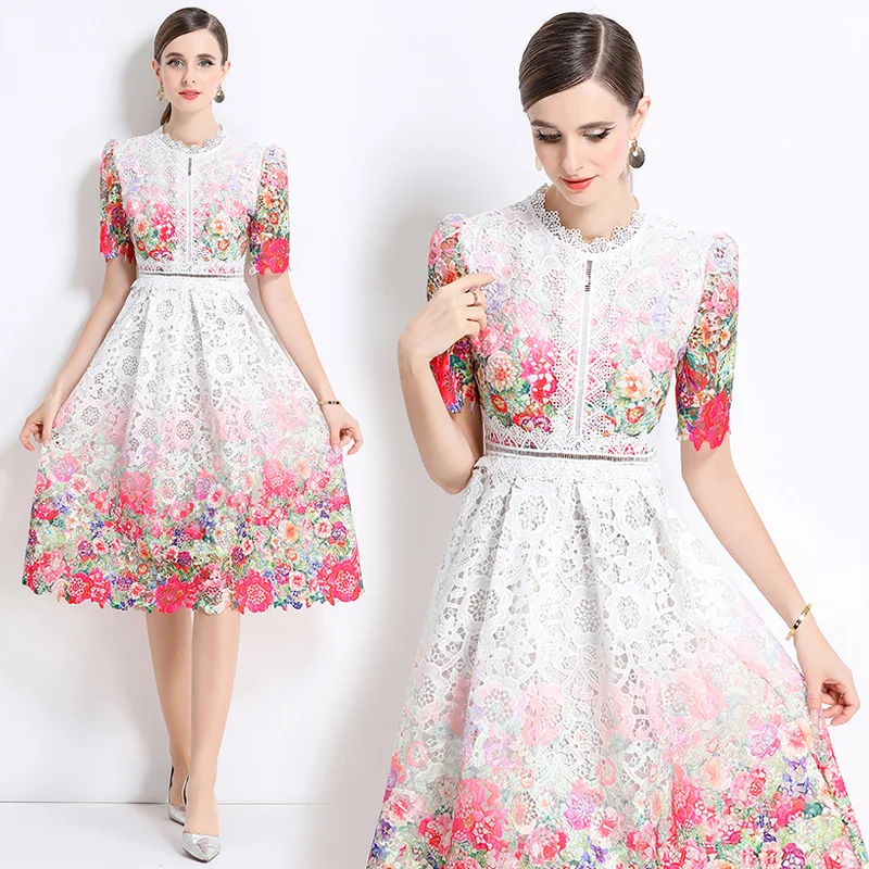 

Элегантное ажурное кружевное платье с вырезами, женское приталенное длинное платье, модная юбка миди с миниатюрным принтом, полиэстер