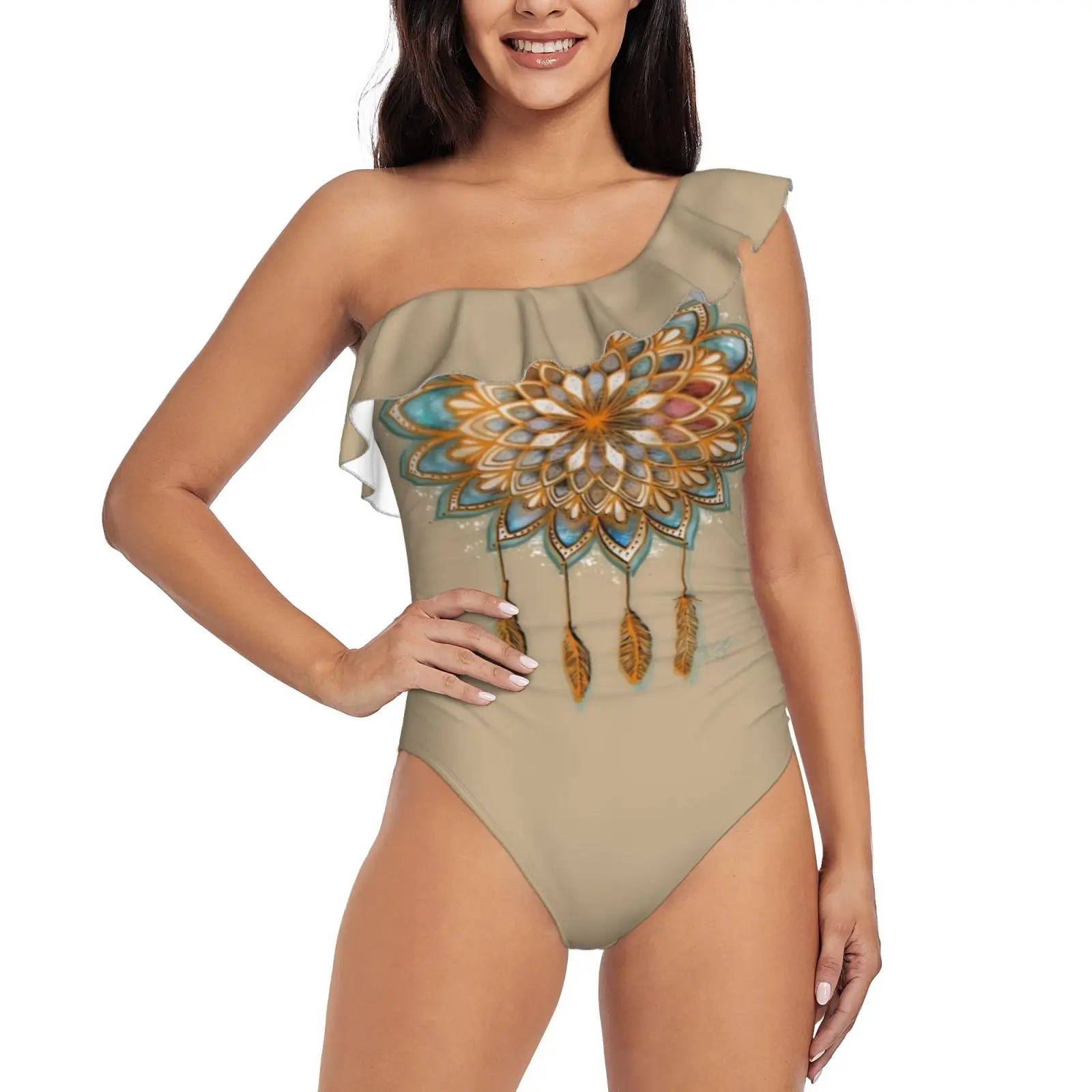 

Golden Dreams Dreamcatcher One Piece Swimwear One Shoulder Ruffle Swimsuit Women Backless Bathing Suit Dreamcatcher Mandala