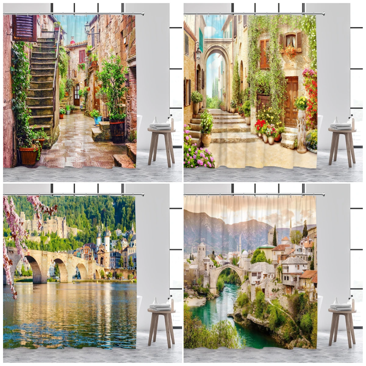 

Italian Town Landscape Shower Curtains Vintage Architecture Flowers Plants Nature Scenery Polyester Home Bathroom Curtain Decor