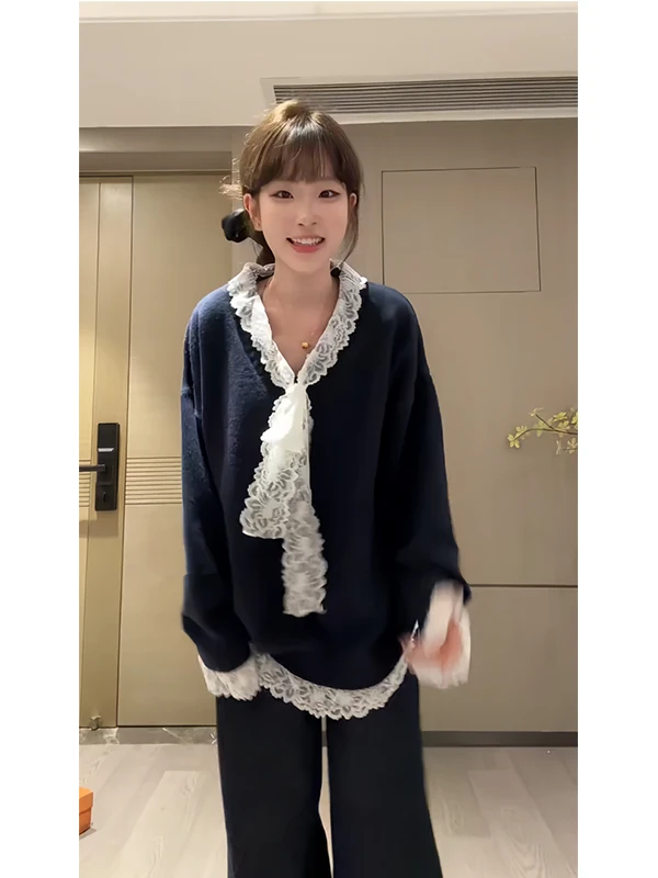 플러스 사이즈 레이지 슬레 브이넥 니트 스웨터 여성용 가을 고급 레이스 스플라이싱 페이크 투피스 탑 편안한 루즈핏