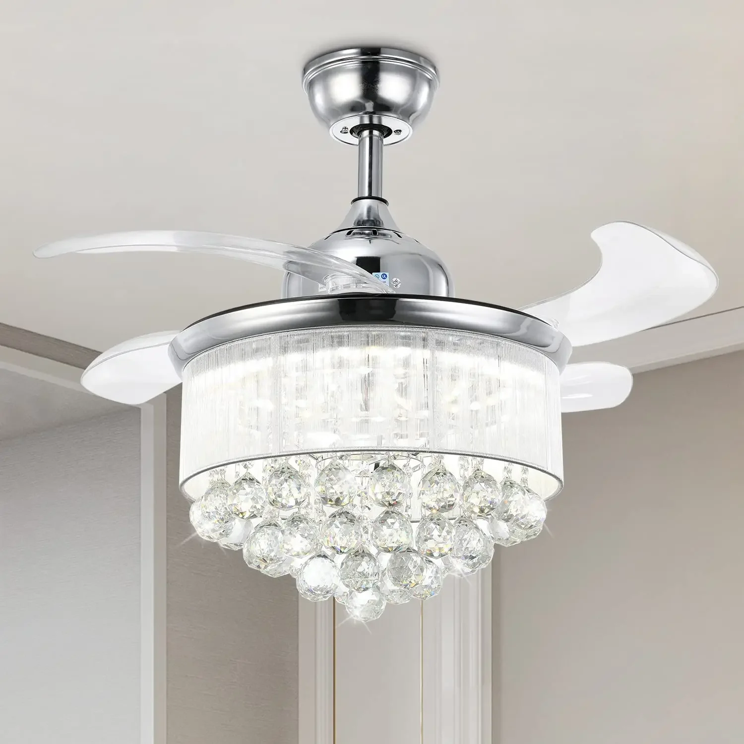 Crystal Ceiling Fan Modern Chandelier Ceiling Fan with Light Remote Control LED Dimmable for Living Dining Room Bedroom