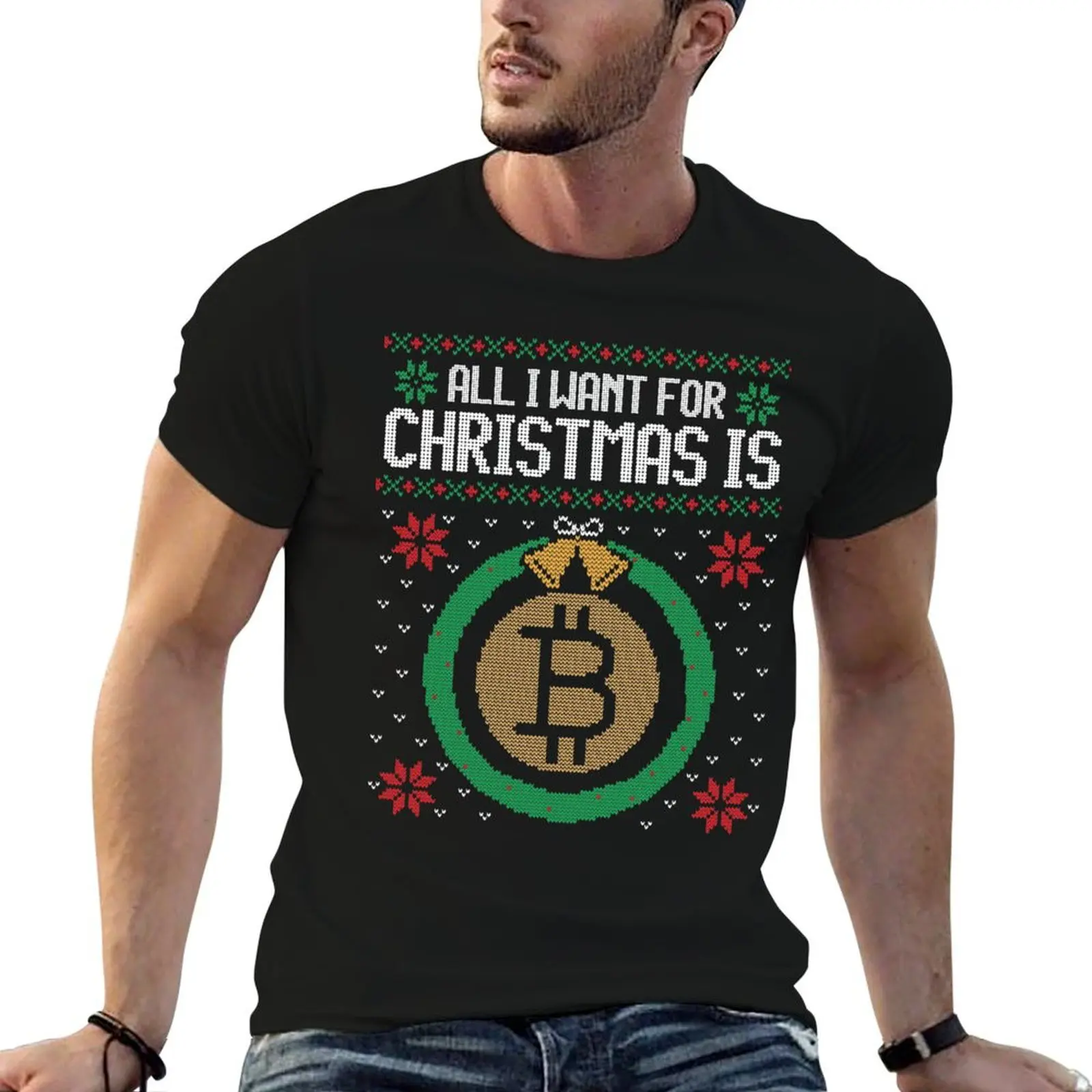 Ugly Christmas Sweater All I Want Bitcoin T-Shirt man t shirt cotton high quality t shirts with prints anime tshirt T-shirt