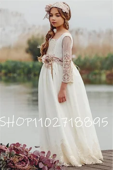 เดรสสำหรับพิธีศีลมหาสนิทชุดเดรสสำหรับเด็กผู้หญิงประดับด้วยลูกปัดพร้อมโบว์มีประกายระยิบระยับกระโปรงฟูฟ่องชุดไปงานเต้นรำงานเลี้ยงตอนเย็น