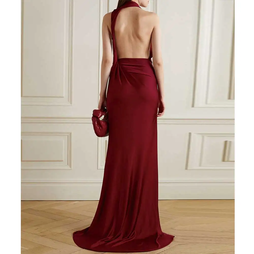 Yumdai Wein rot elegante Satin Braut Hochzeit Party Abendkleid sexy Cocktail kleid Meerjungfrau V-Ausschnitt Geburtstag Ball Kleid lang