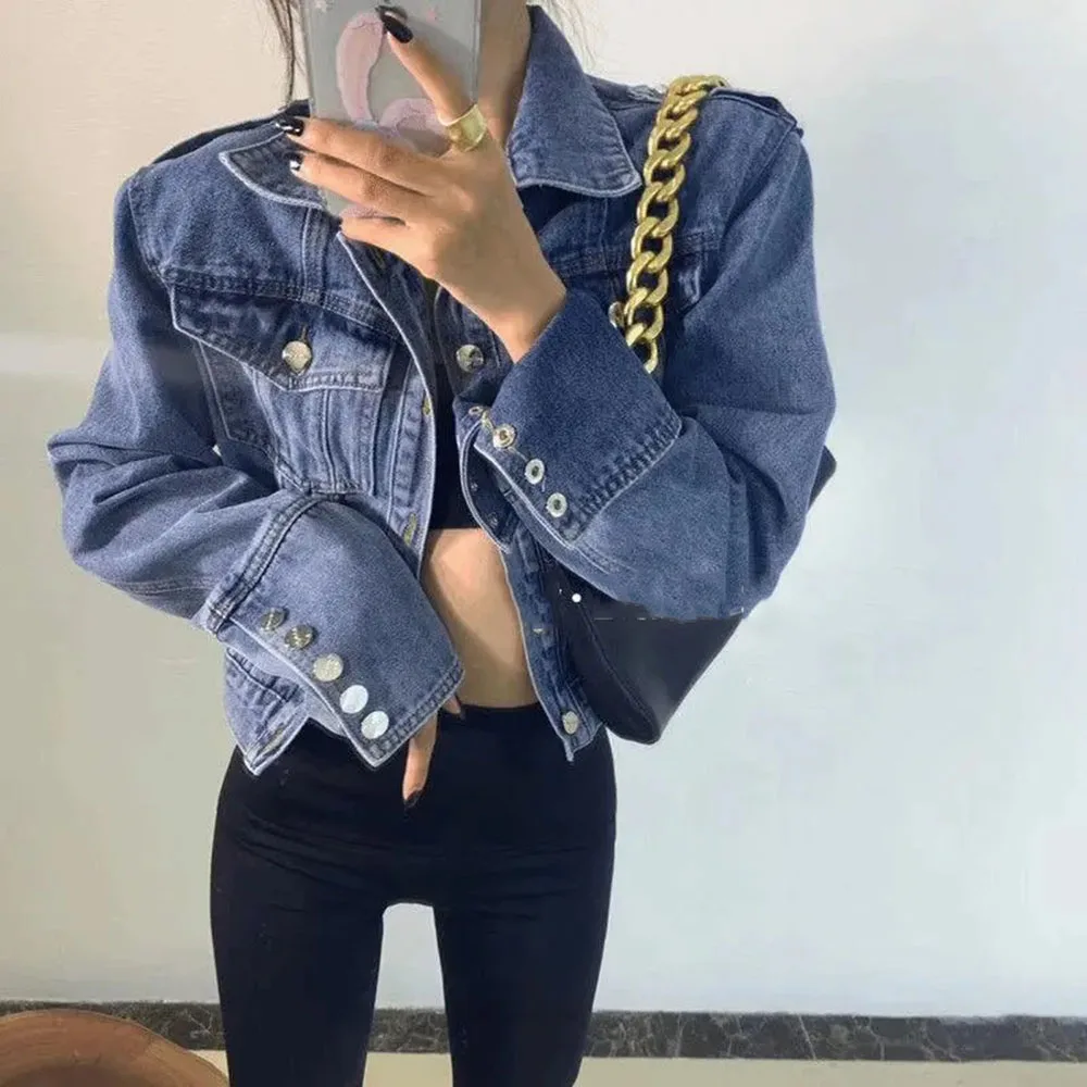 Elegant Long Sleeve Denim Jackets Women Spring Autumn Simple Korean Style Fashion Leisure Comfort Chic Jean Coat Lady Slim Tops