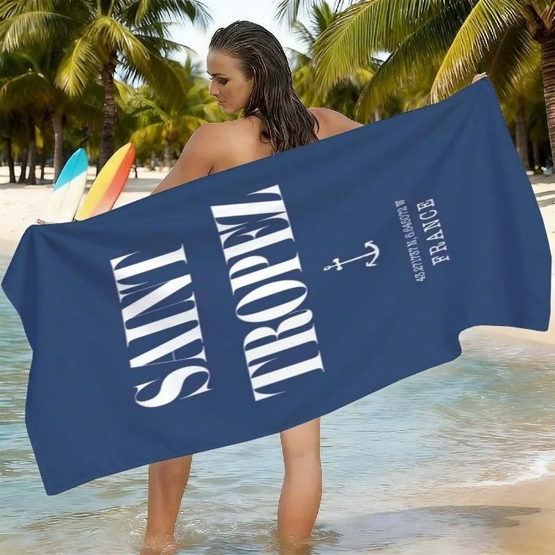 LE SAINT-TROPEZ Letter Print Beach Towel White Blue Simple Microfiber Large Absorbent Pool Towel