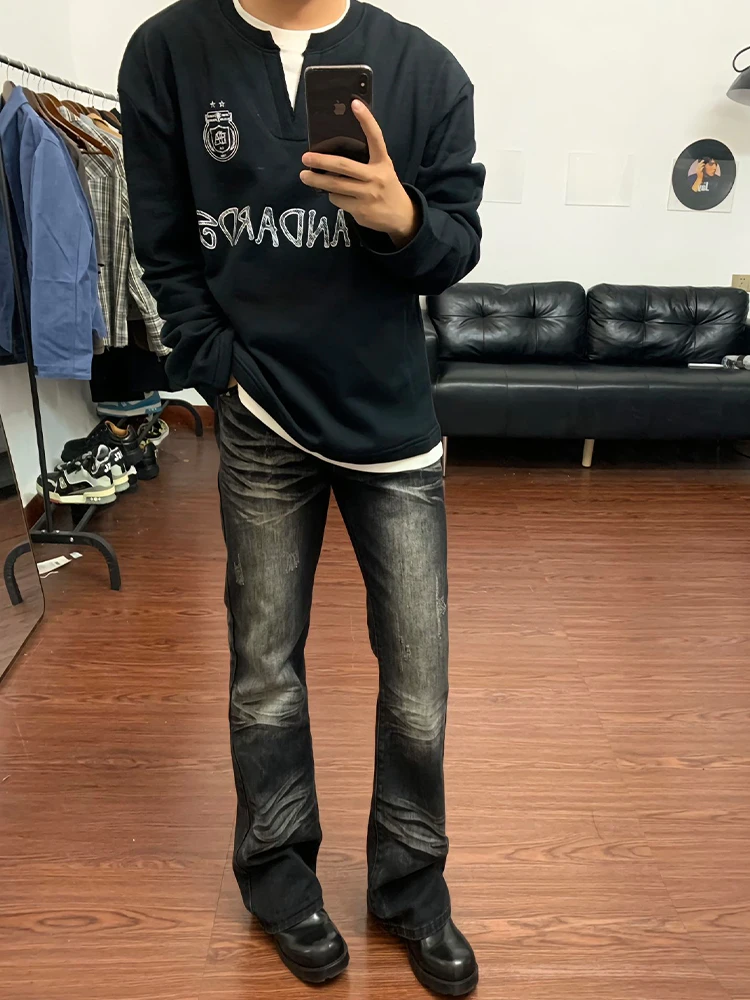 

High Waist Flared Jeans Men's adient Bla ey American Street Sle Water Ripple Pattern Straight Leg Jeans Youth Trend