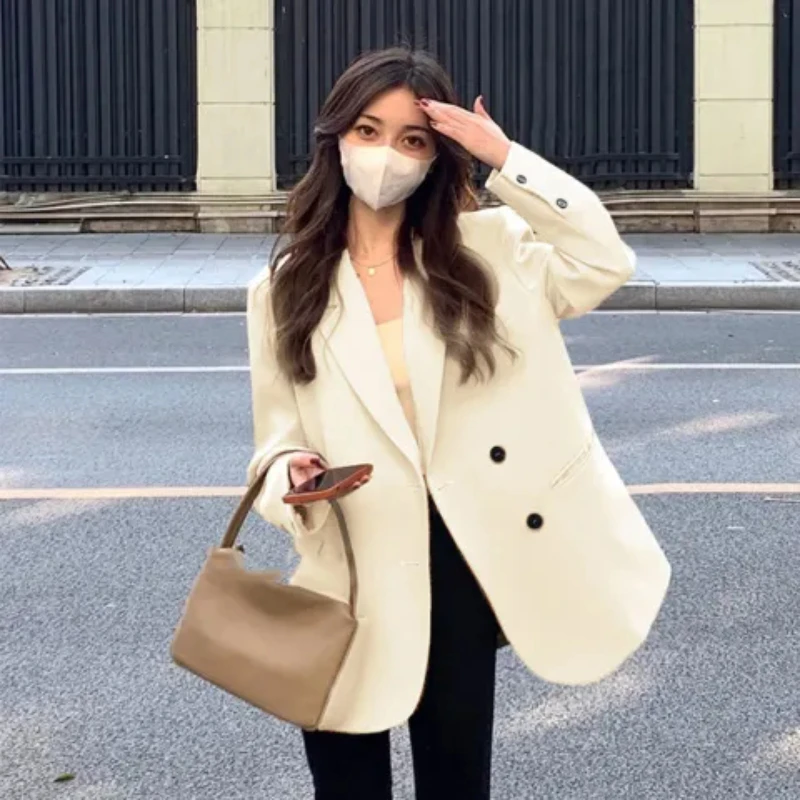 

Ladies' Milk White Suit Jaet Double Row Buttons Korean Sle Spring Autumn Loose Fit Polyester Fiber Commute Sle Pure Color