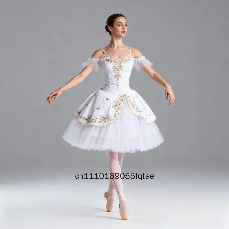 Professional White Long Ballet Tutu Dress Custom Made For Female Stage Performance Competition Dance Wear