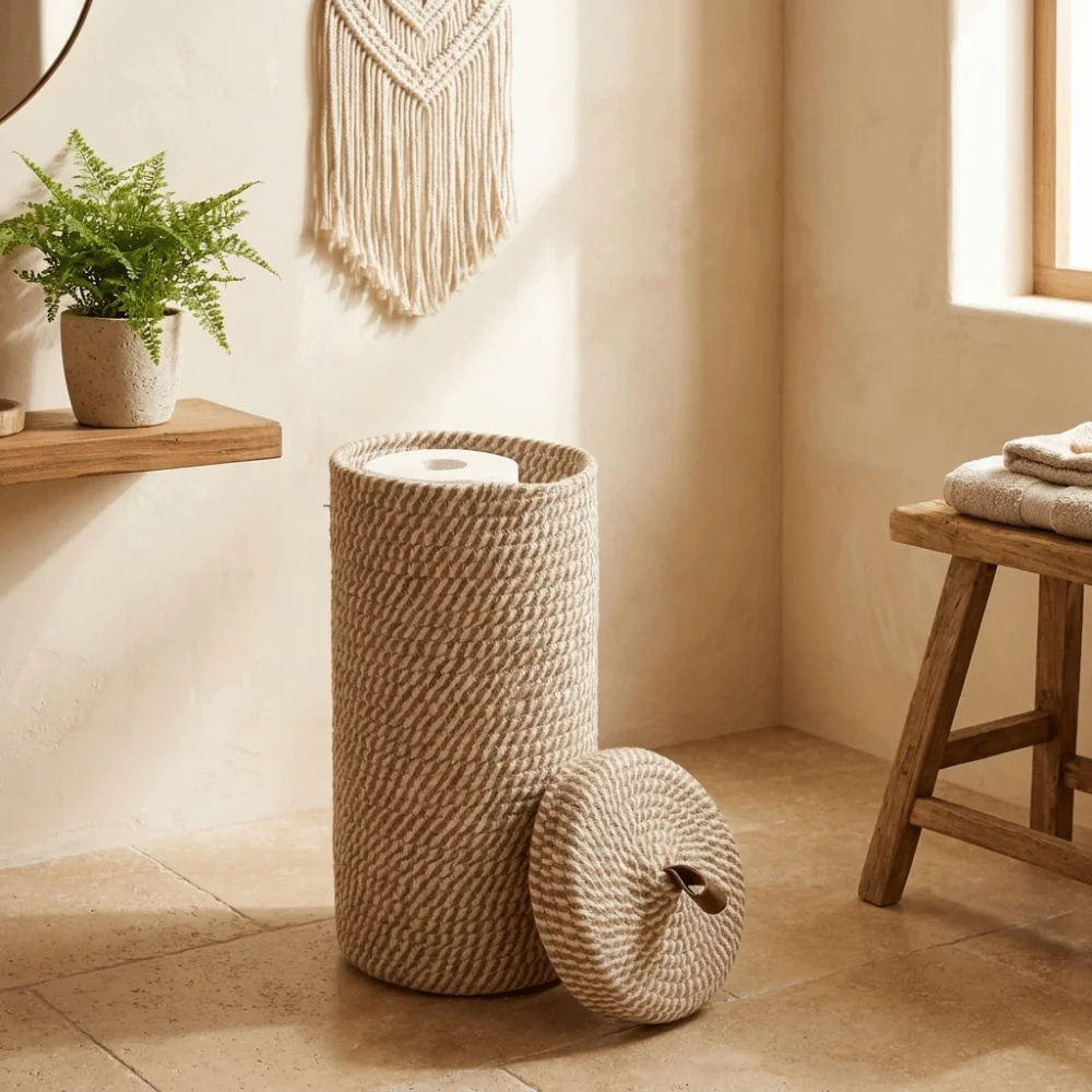 Bohemian Style Toilet Paper Rolls Storage Basket with Lid Self-Supporting Cotton Rope Woven Basket Cylinder Dustproof