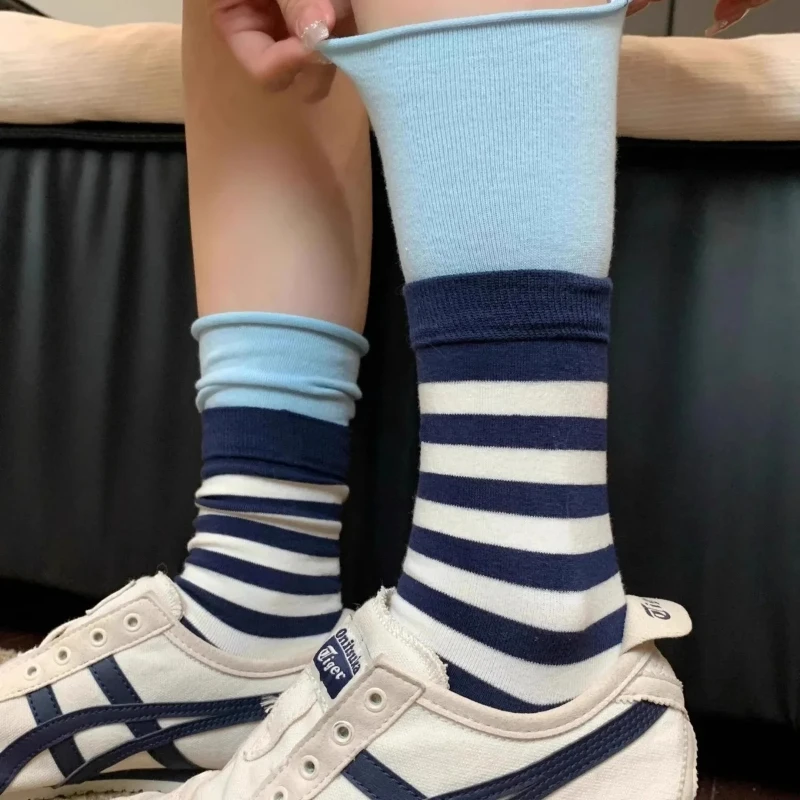 Women's Socks Japanese Striped Contrasting Dopamine Kawaii Rolled Edge Sports Mid Tube Socks Comfortable Breathable Cotton Socks image 5