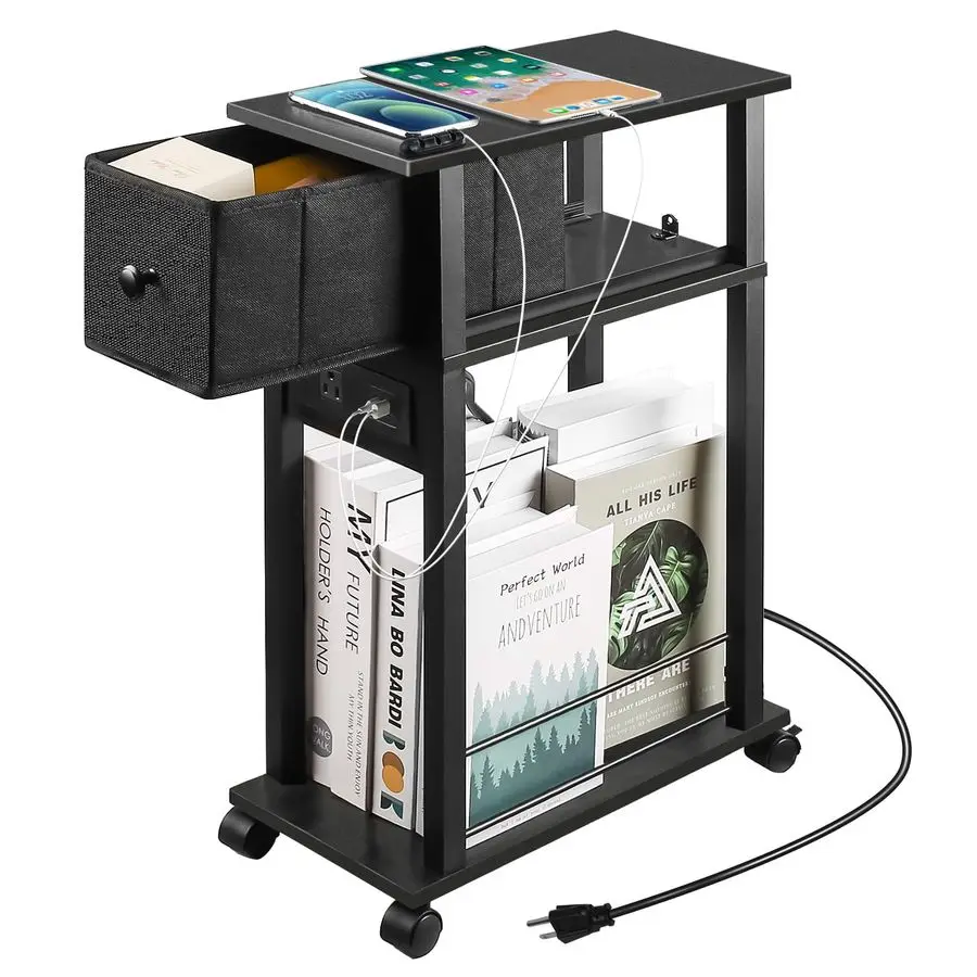 

Прикроватный столик (1 шт.), черный, с защитой от перегрузки, выдвижным ящиком для зарядной станции и 4 колесами, мобильная тумбочка для хранения у кровати