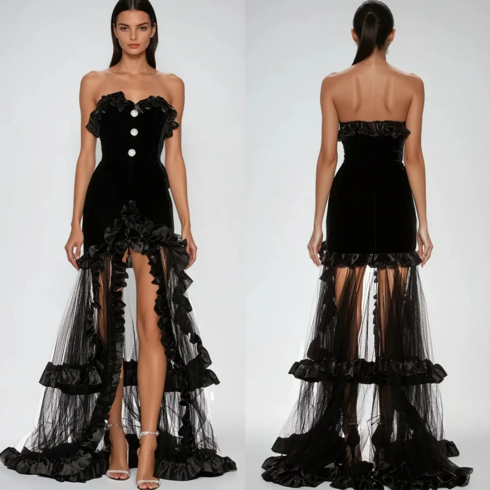 فساتين طويلة مخصصة على الطراز الحديث من القطيفة بحجر الراين مكشكشة على شكل حرف a بدون حمالات فساتين مناسبة مخصصة بجودة عالية #1