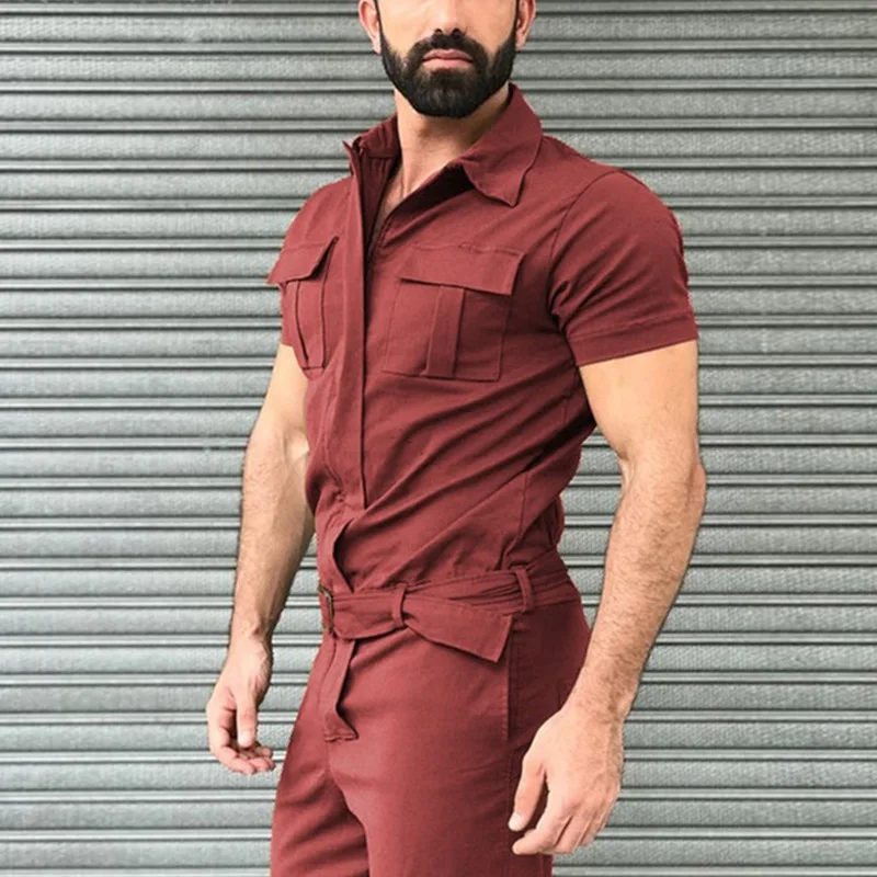 Men's Overalls Casual Streetwear Pocket Solid Color Short Sleeve+Trousers Jumpsuit Fashion Leisure Basic Work Cargos Pants