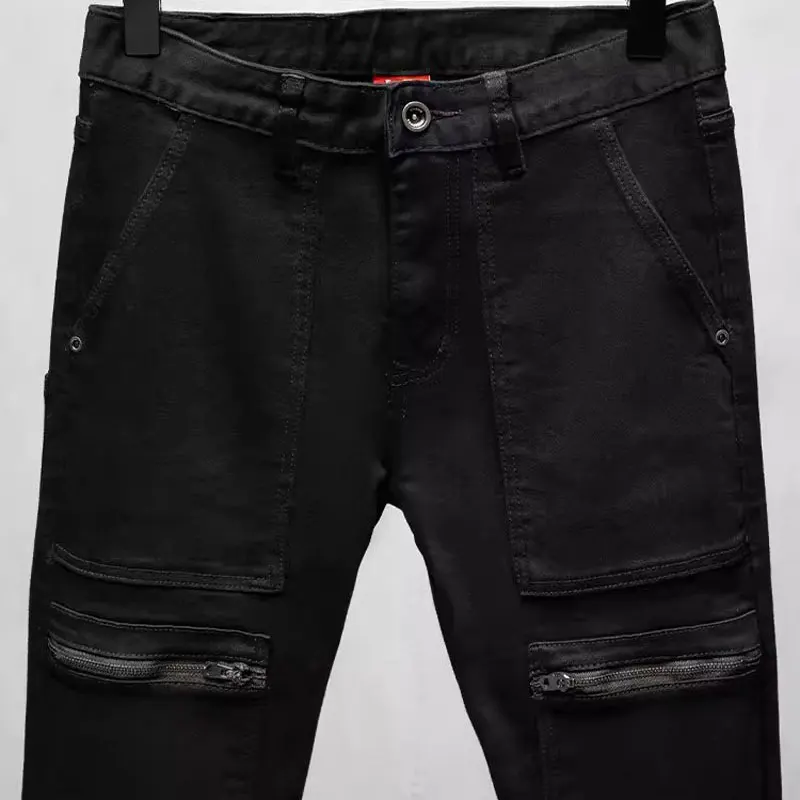 Street Fashion Men Jeans Black Stretch Slim Fit Spliced Designer Biker Jeans Homme Zipper Pocket Hip Hop Denim Pencil Pants Men