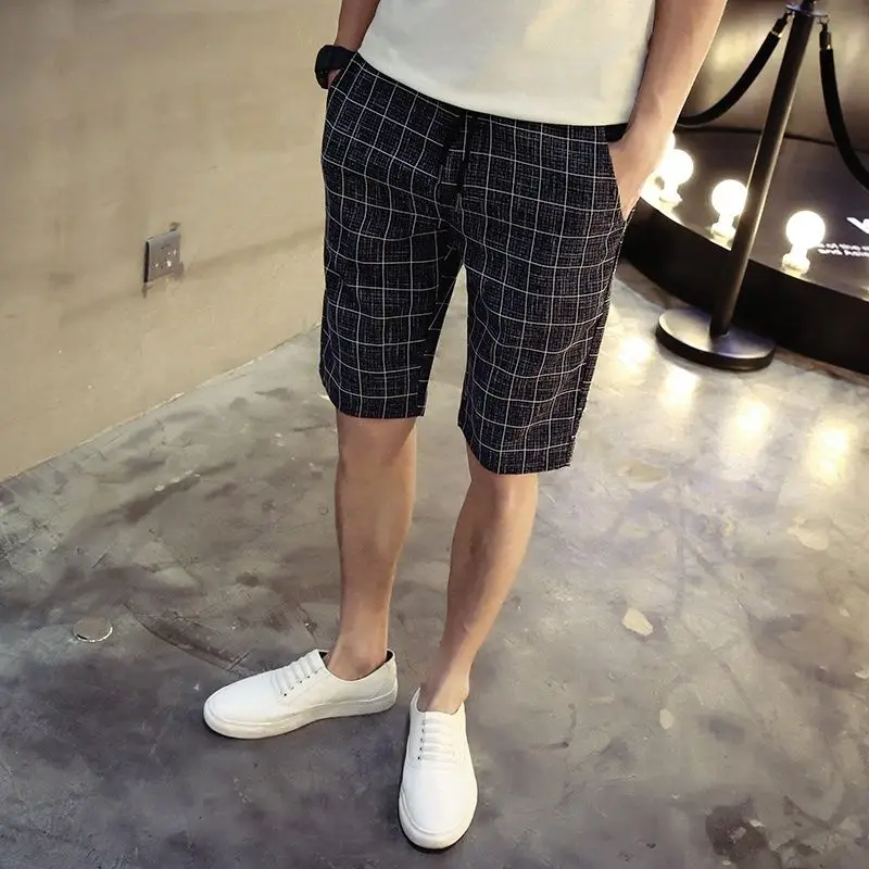 2024 Spring Summer Lattice Korean Drawstring Trend Street Casual Comfort Classic Simplicity Slim Fashion Versatile Men's Shorts