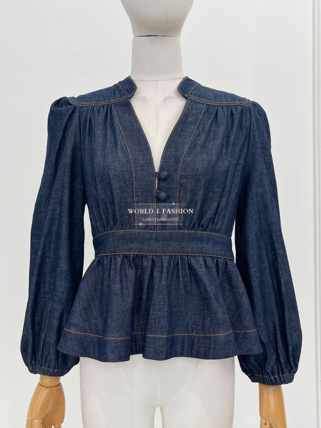 

Navy Long Sleeve Denim Deep V Neck Blouse Tops and Navy Blue Denim Pants Sets 2025 Cotton High Quality
