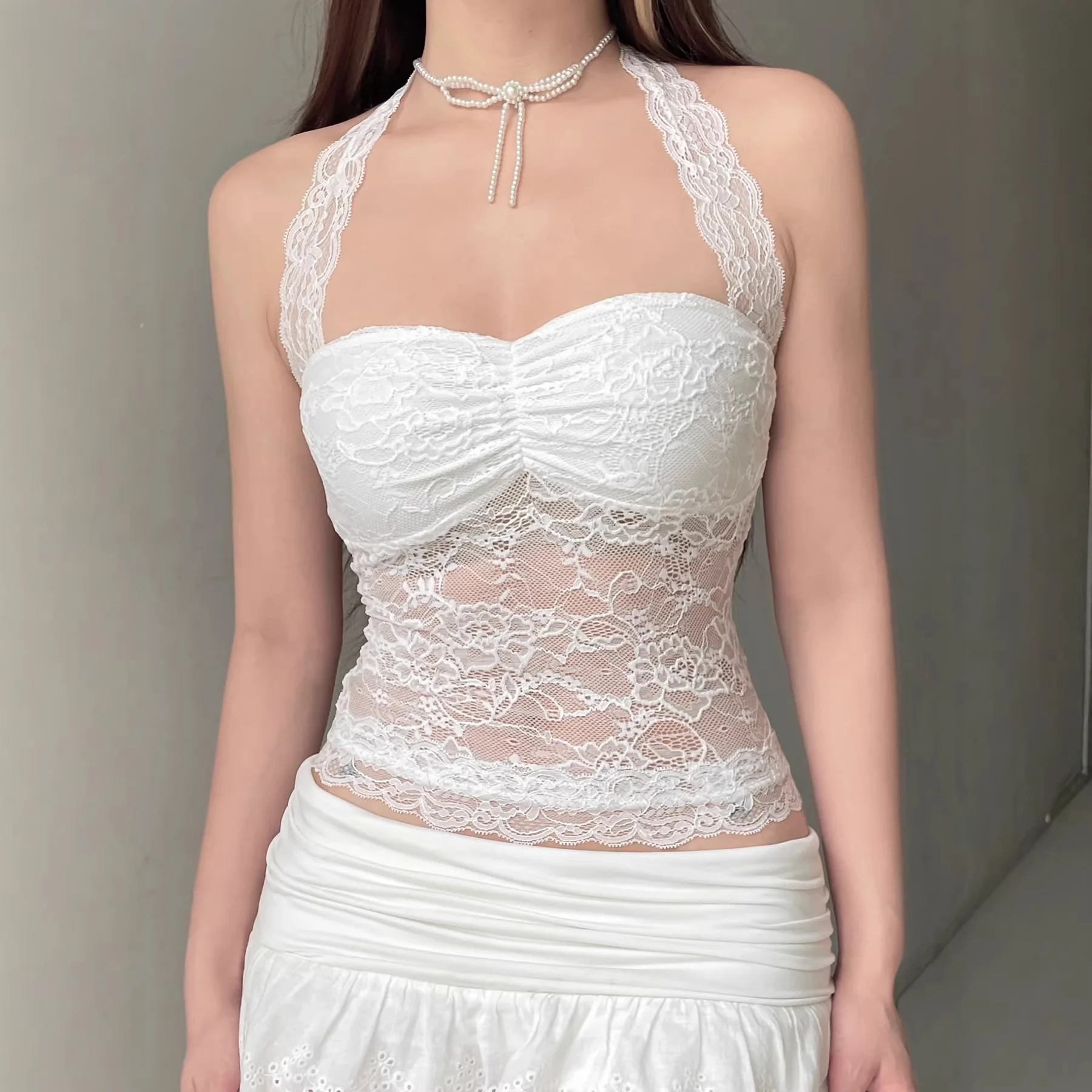 Sexy Lace Patchwork Slim Fit Top Hanging Neck Strap Small Vest Cross-border Ins Pure Desire Style Chinese Production Regular ...