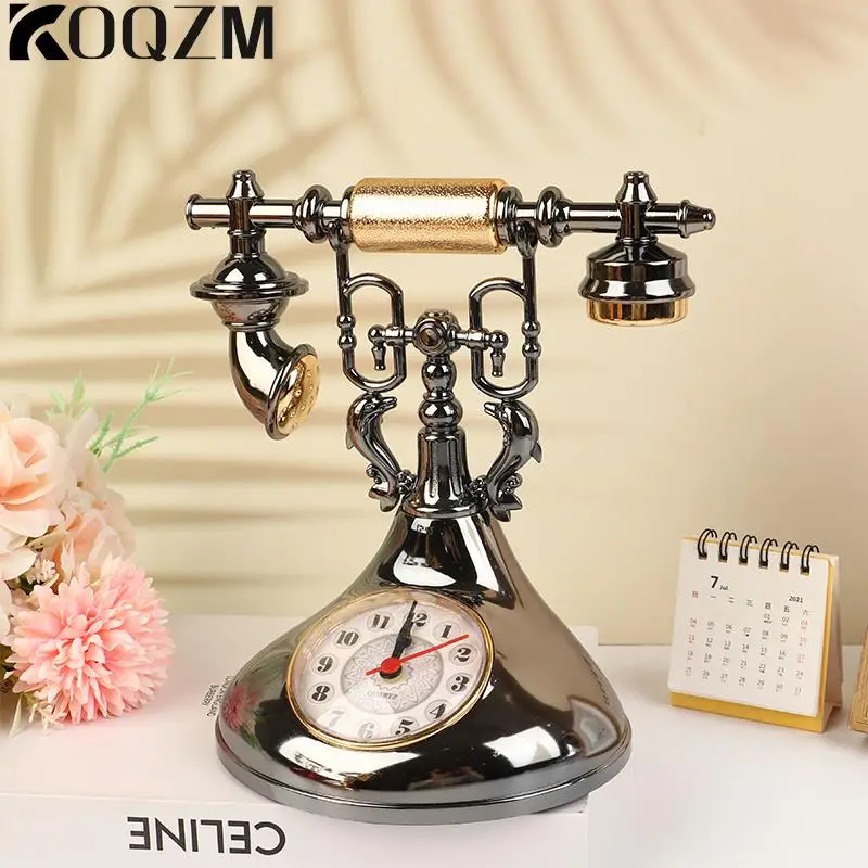 1pc Retro Alarm Clock Telephone Model Creative Timekeeper Desktop Ornament For Home Room Bedside Table Decoration