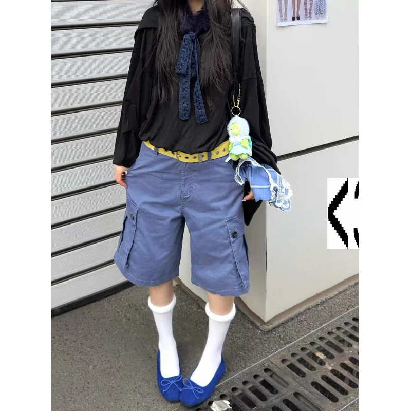 

ZHIZOU 2026 Summer Blue Washed Loose Cargo Denim Cropped Pants Women High Street Y2K Vintage Baggy Jean Oversized Jorts Shorts