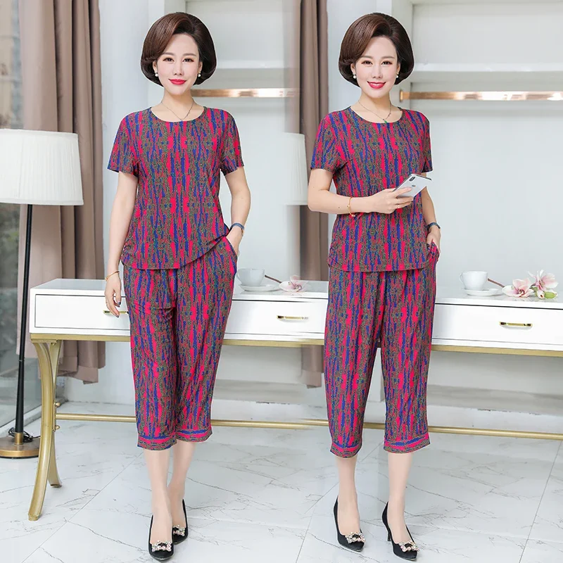 2 Pcs Sets Middle-aged and Elderly Women\'s Suits Vintage Fashion Print T-shirt Tops & Casual Pants Mother Summer Clothing