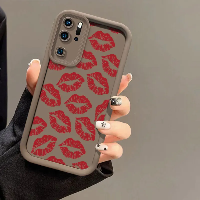 Soft Silicone Phone Case For Huawei P30 P50 P20 P40 Pro Lite Black Lips Kiss Print Camera Lens Protection Shockproof Cover Coque