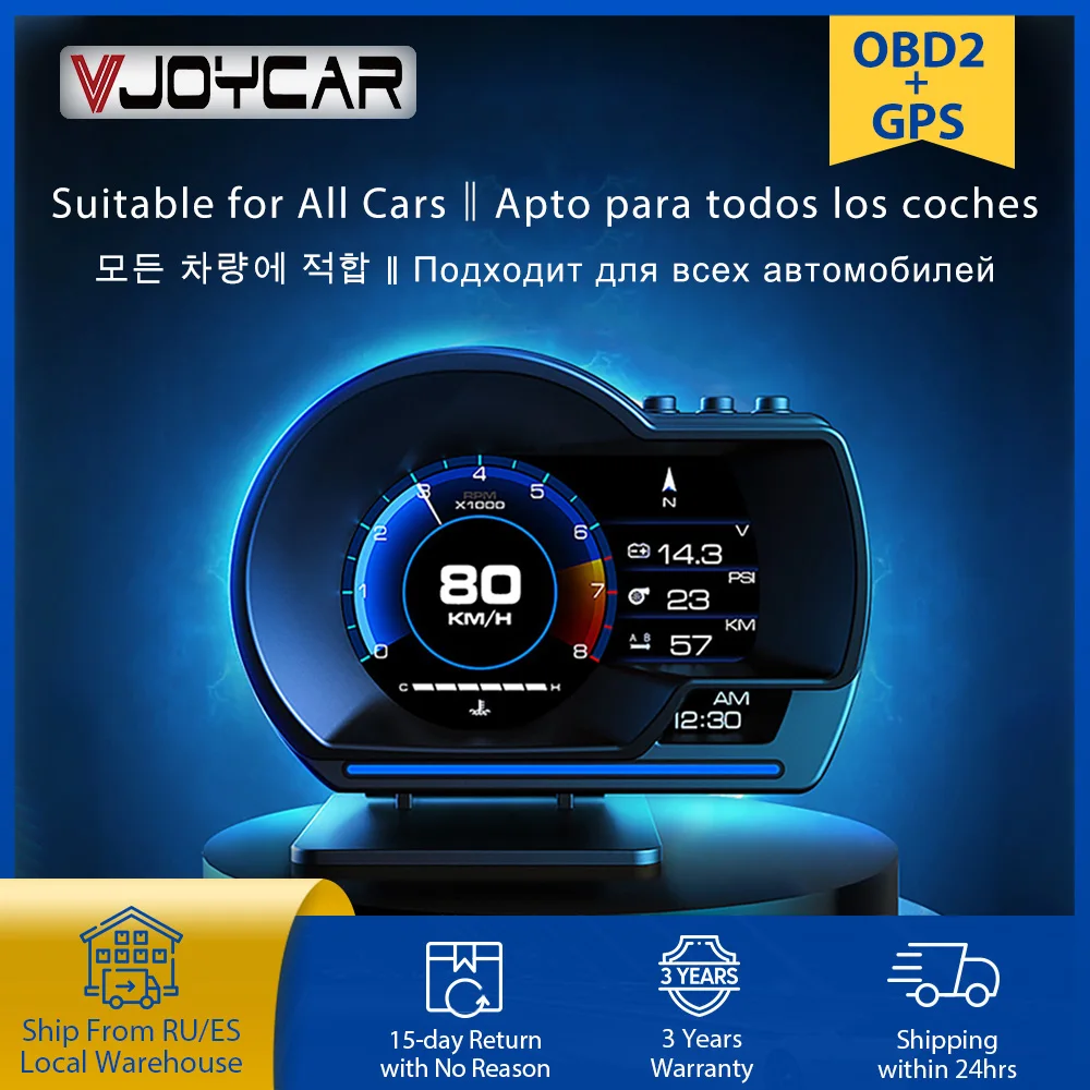 Vjoycar V60 najnowszy wyświetlacz Head Up Auto wyświetlacz OBD2 + GPS inteligentny samochód HUD Gauge cyfrowy licznik kilometrów Alarm bezpieczeństwa woda i temperatura oleju. Obr/min