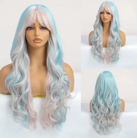 

Long Curly Cosplay Synthetic Wigs Blue Mixed Pink Colorful Halloween Wig with Bangs Natural Wave Party Lolita Wigs for Women Use