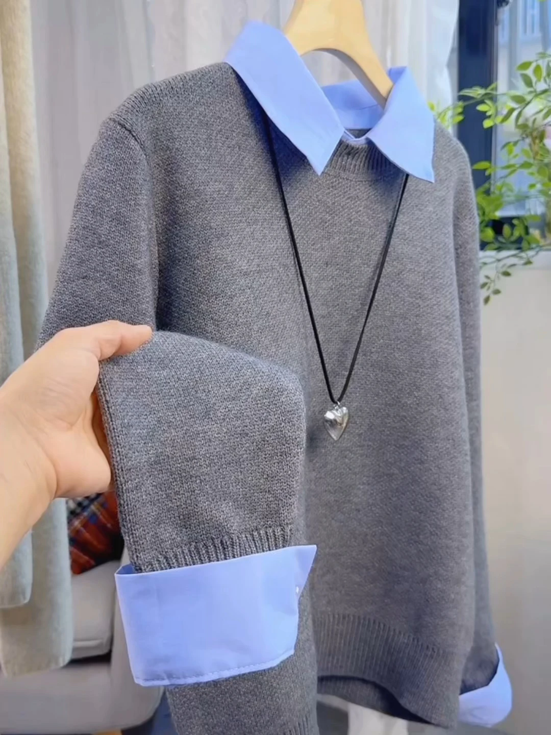 

Модная женская вязаная рубашка в корейском стиле, серая, с воротником, длинным рукавом, теплая, осенне-зимняя, трикотажная