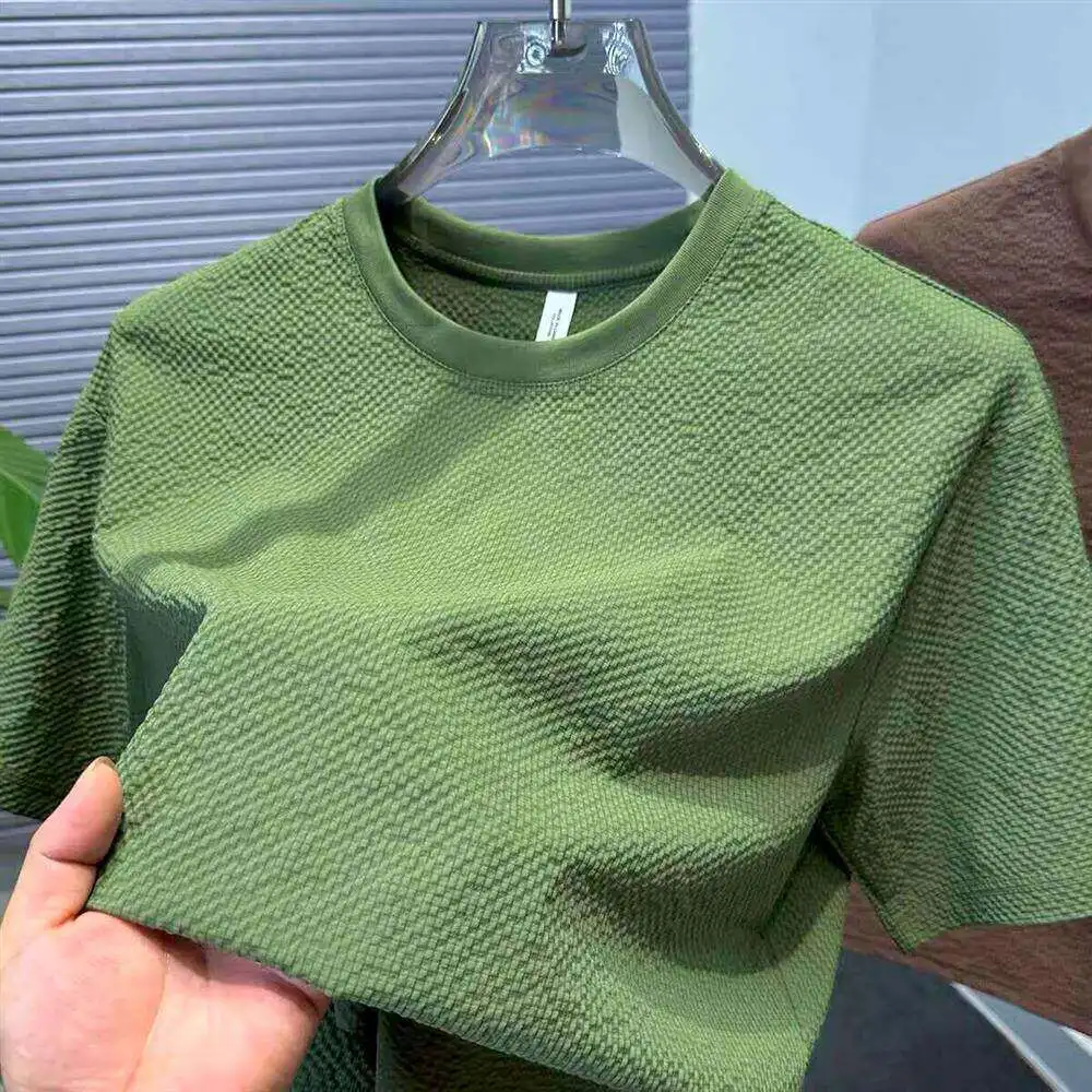 Summer New Bubble Cloth round Neck Short Sleeve Men's T-shirt Slim Fit Top Half Sleeve Ice Silk Casual Style Quick Dry Function
