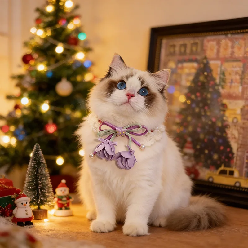 

Cat bow flower bud adjustable collar pet pearl decoration neck ring blue yellow pink Purple 15-38cm Neck Size cat accessories