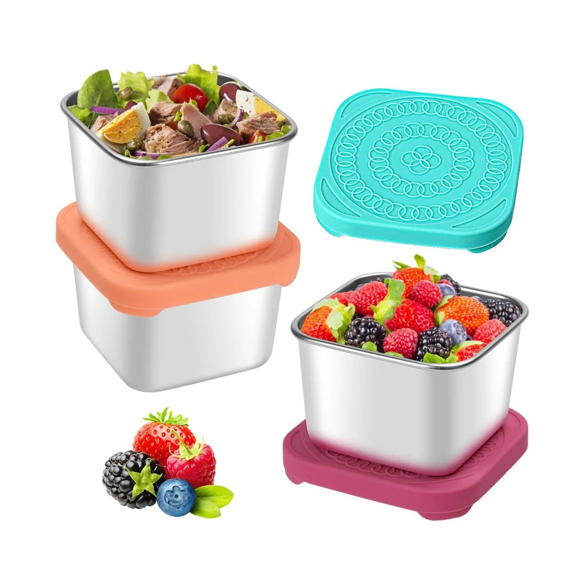 6Oz Stainless Steel Snack Containers, Small Metal Food Storage Container with Silicone Lids, for Office, Travel