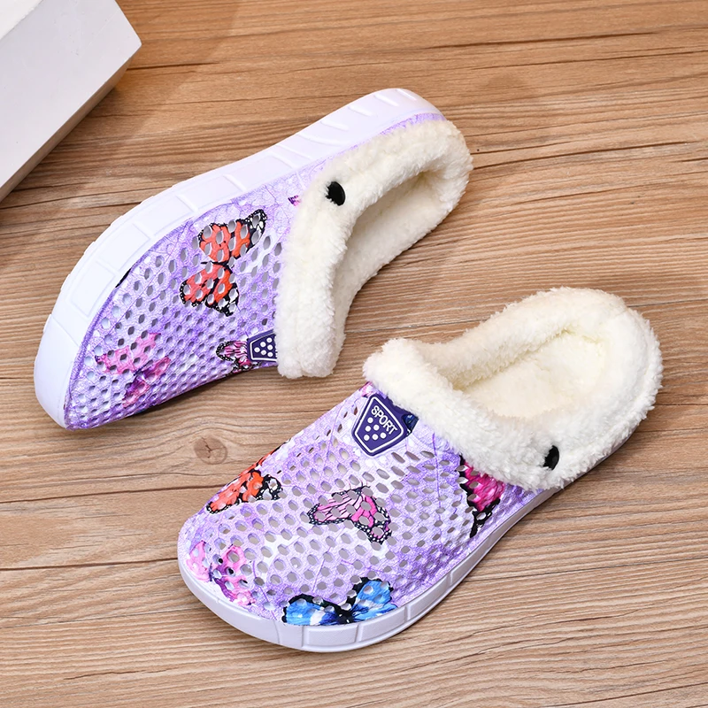 

Женские зимние сабо-мулы, домашняя обувь на плюшевой флисовой подкладке, нескользящая удобная обувь с принтом бабочки