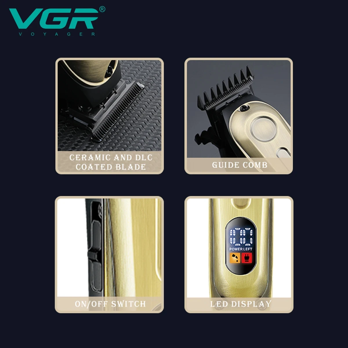 Maszynka do włosów elektryczna VGR V-294 Retro Metalowa z ostrą głowicą w kształcie litery T, męska, do modelowania włosów, z wyświetlaczem LED i funkcją wodnego chłodzenia.