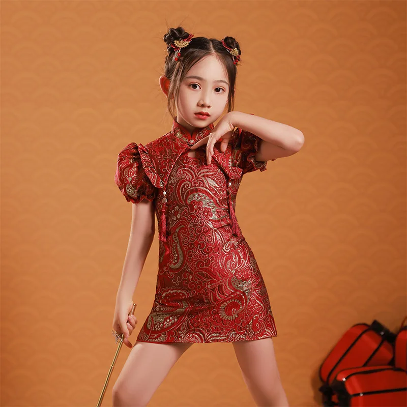 

New 2024 model Improved cheongsam girls traditional Chinese garments Retro style Trendy children Western style performance dress