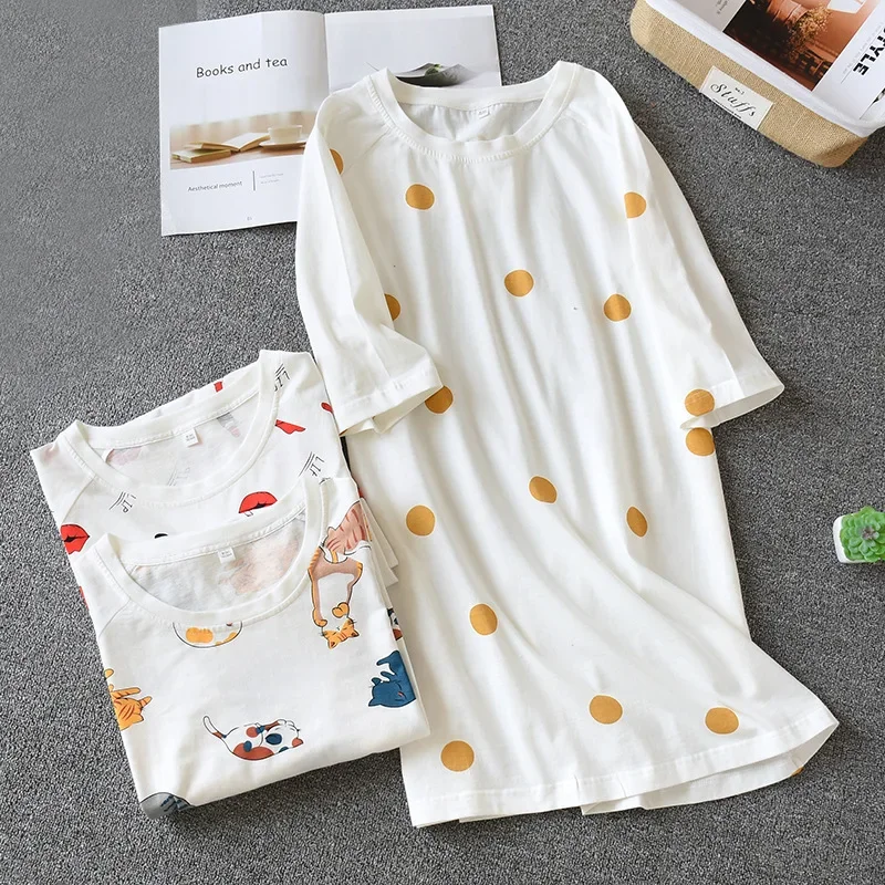 Spring and summer new Nightgowns 100% cotton printing loose large size home service ladies night skirt thin section short sleeve