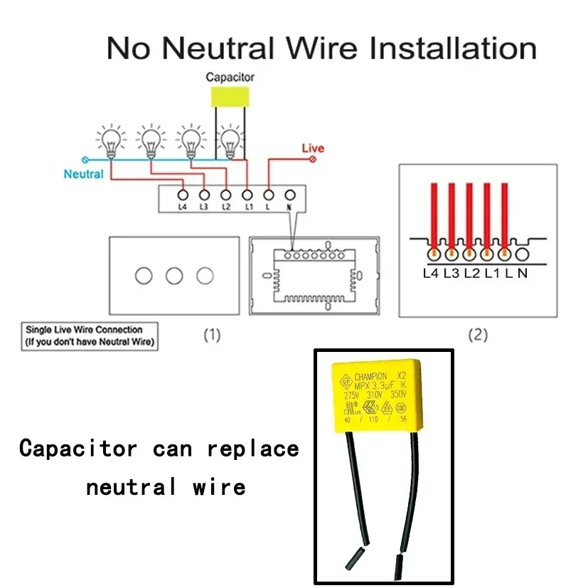 Sicherheits kondensator 275vac 3,3 uf Polypropylen-Folien kondensator, geeignet für intelligente Touch-Schalter ohne Neutral ventilatoren usw.