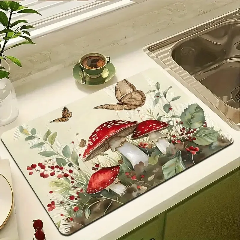 Versatile Mushroom Butterfly Kitchen Counter Mat Easy Clean Heat Resistant Tableware Drying Pad Coffee Machine Blender Mat