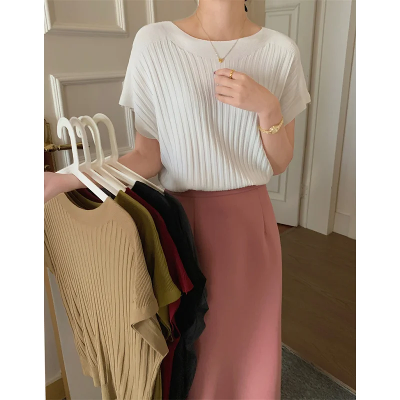 

Batwing Short Sleeve Ice Silk Knit for Women Summer New Korean Fashion Round Neck Simple Ribbed Thin Top