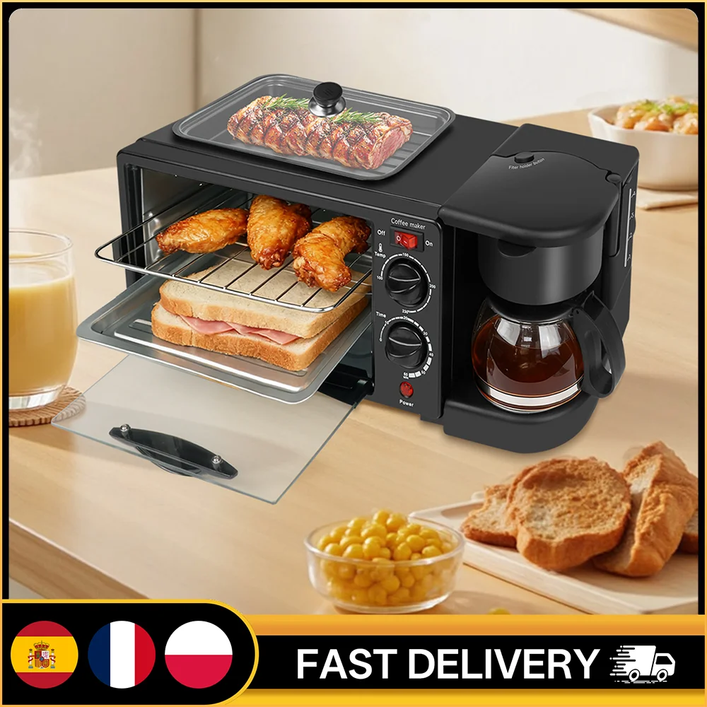 Máquina Multifuncional 3 en 1 para Desayuno, Horno de 9L + Sartén + Cafetera de 600 ml, Temporizador de 0-30 Minutos, Máquina para Hacer Desayunos para el Hogar