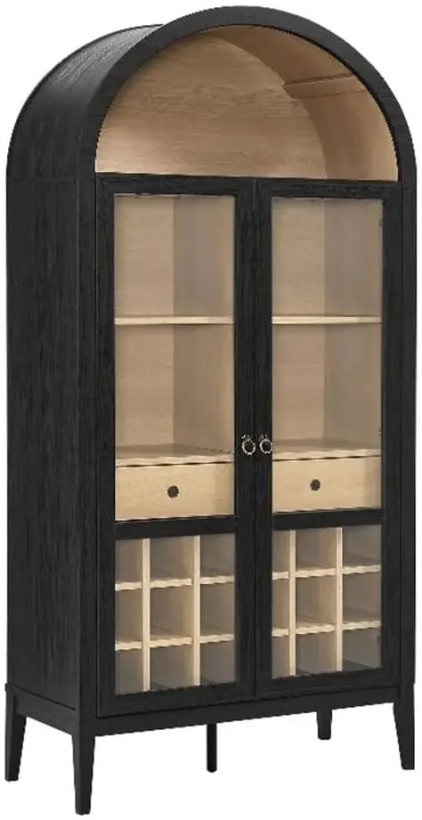 

Modway Nolan Modern Farmhouse Arched Bar Cabinet in Black Wood Grain - 72 Inch Tall Wine Storage Cabinet with Glass Doors and Wi