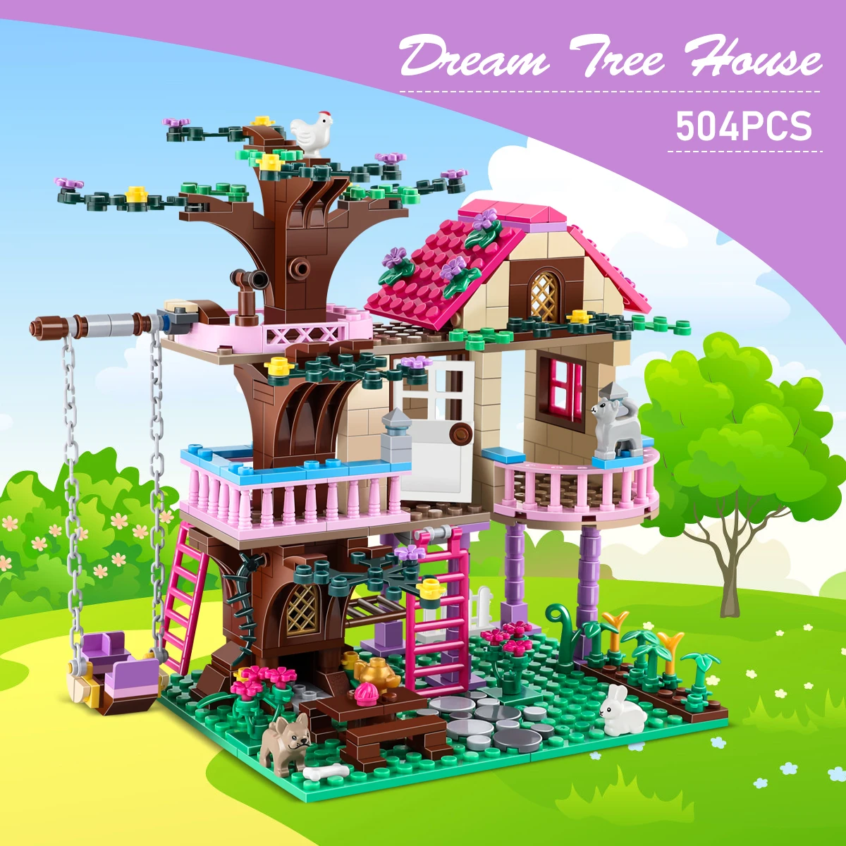 Ville arbre maison vacances d'été Villa château blocs de construction ensembles figurines jardin rue vue bricolage jouets pour enfants fille cadeau d'anniversaire