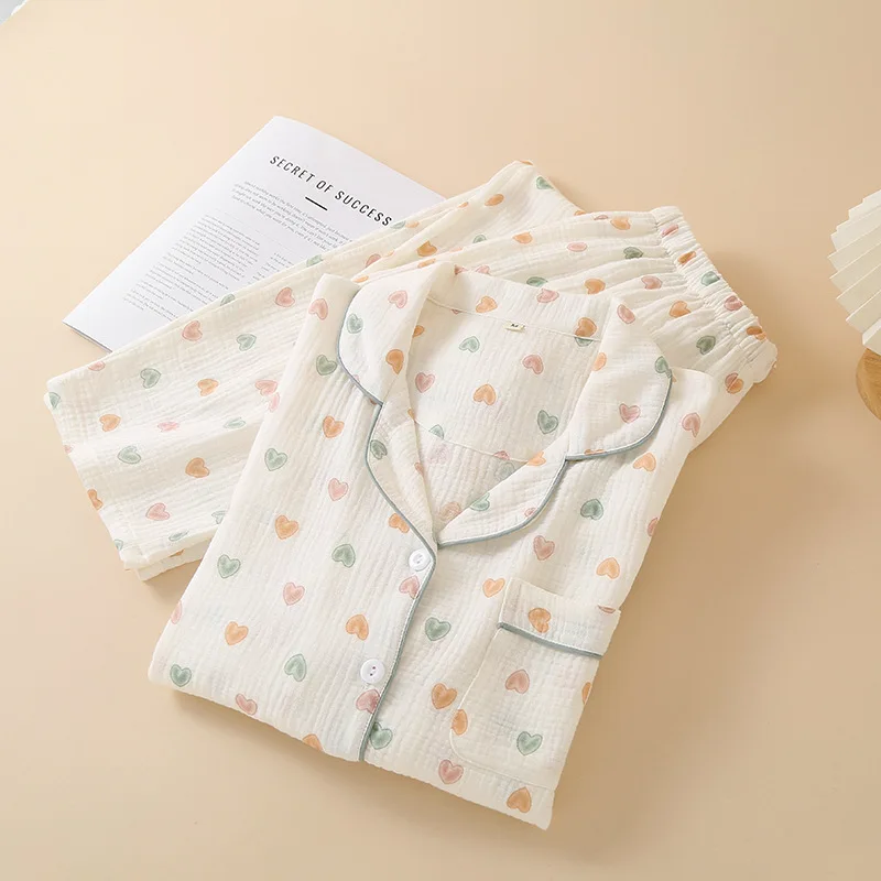 

New spring and autumn ladies 100% cotton crepe pajamas, long-sleeved trousers, love suit, home service, two-piece female lapel