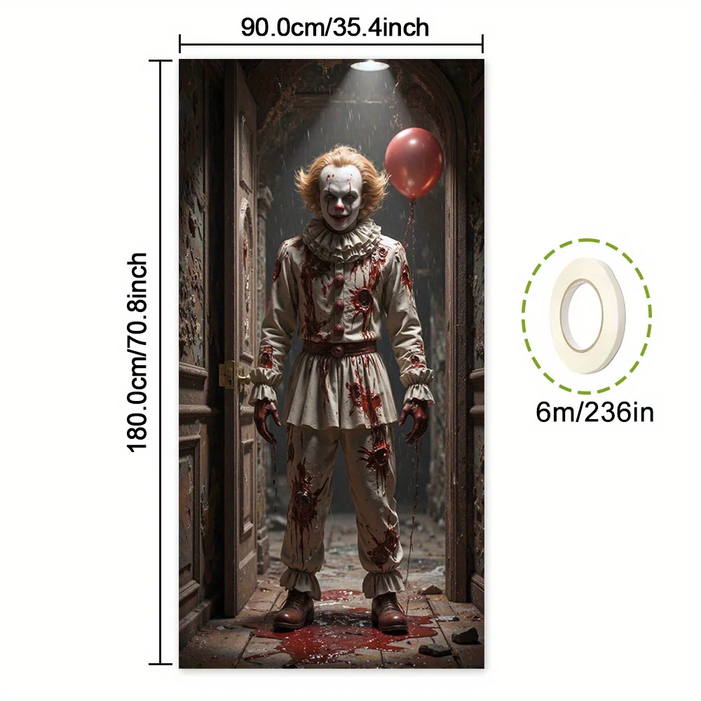 2D door curtain banner, 1 piece Halloween horror clown bloody wizard hat design front door wall window decoration view 6