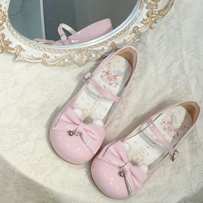weet Girl Pink Cat Ear Mary Jane Shoes Bow With Tiny Bell Metal Buckle Strap Flat Heel Lolita Cosplay Daily Princess Shoes