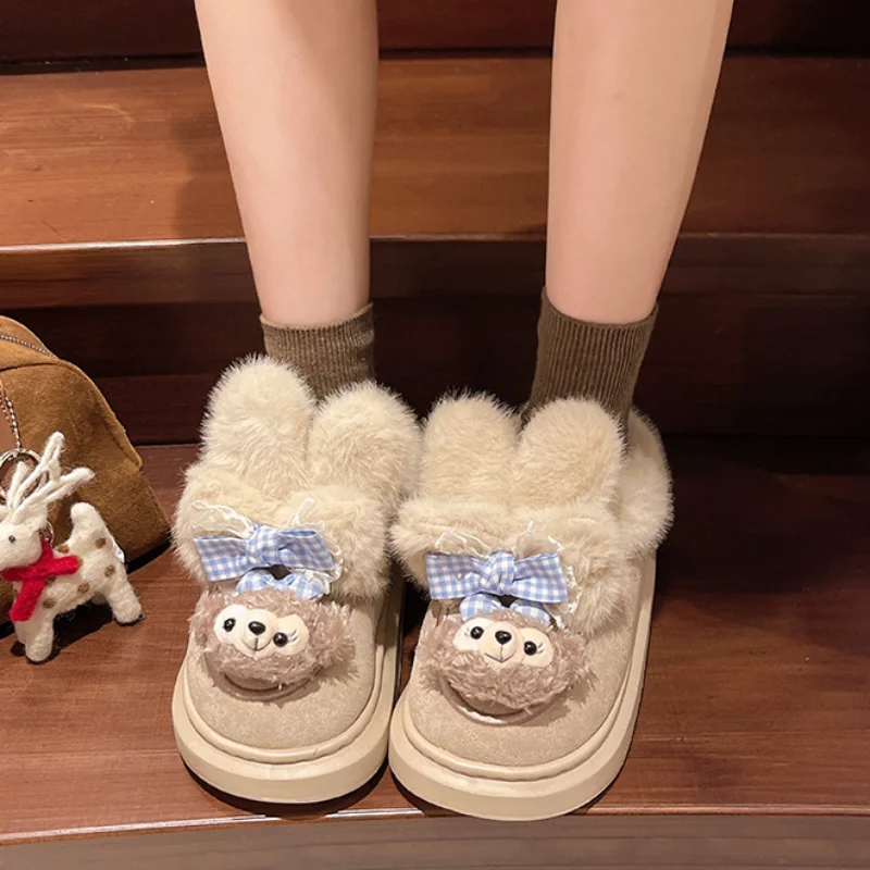 Sepatu wanita musim dingin, sepatu wanita rumah hangat imut, kartun, boneka, Platform, anti selip, sepatu katun mewah, pakaian luar ruangan, musim dingin, Disney, Shirley Rose