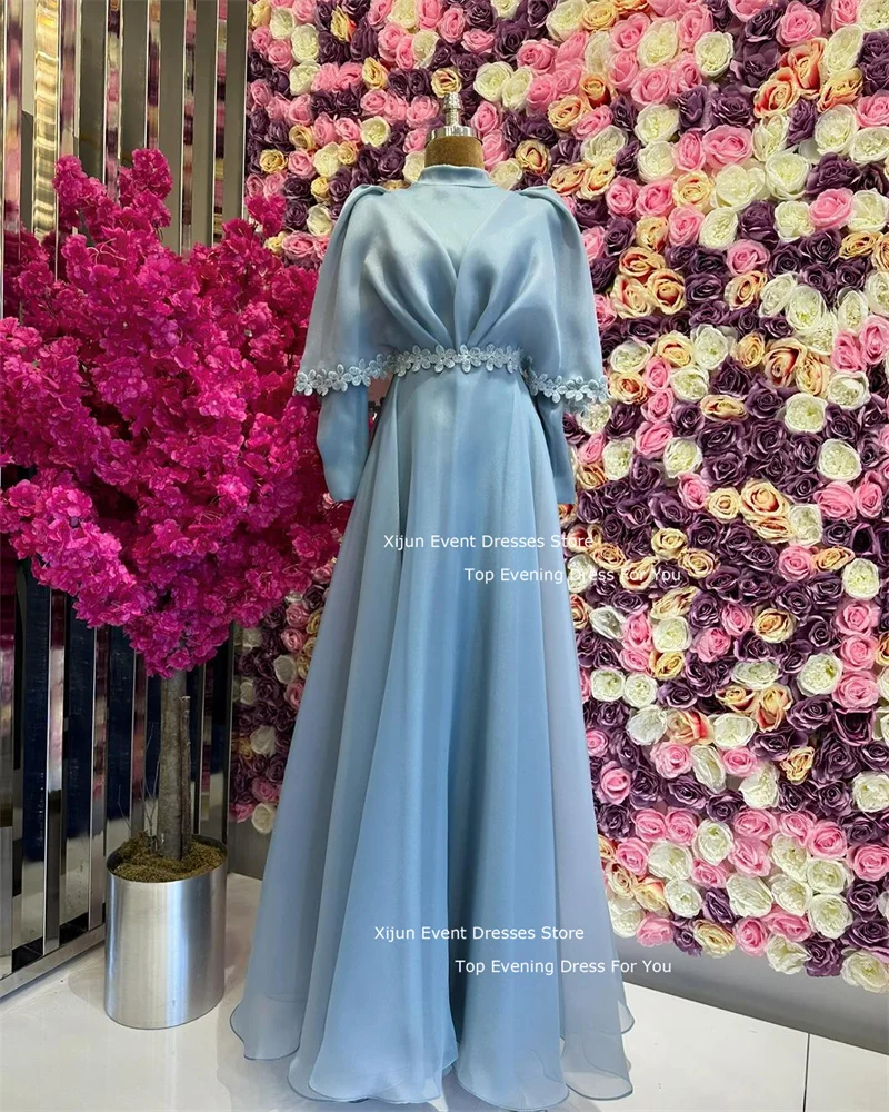 Xijun Modest A-Line Evening Dresses High Collar Full Sleeves Prom Dresses Moroccan Kaftan Formal Dubai Prom Gown Flower Applique