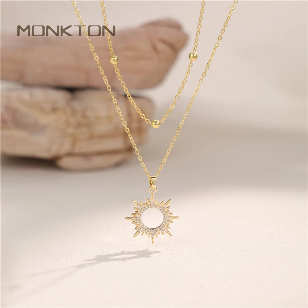Monkton Dainty Gold Layered Sun Necklace for Women Sparkling Zircon Sunburst Pendant Necklace with Beaded Chain Jewelry