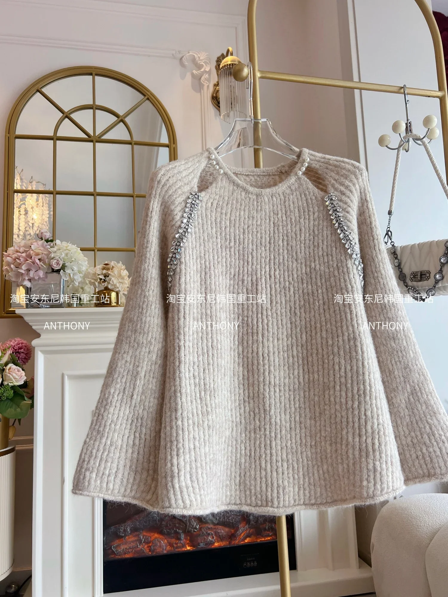 Mohair Sweater Women's Clothing 2024 Autumn Winter Diamond Hollow Out Flare Sleeve Round Collar Thick Knitted Pullovers